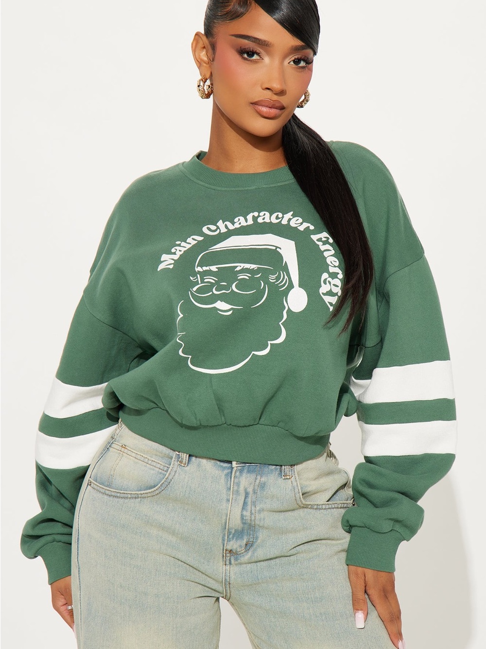 Fashion Nova Green Graphic Crew Sweatshirt with White Stripe Accents